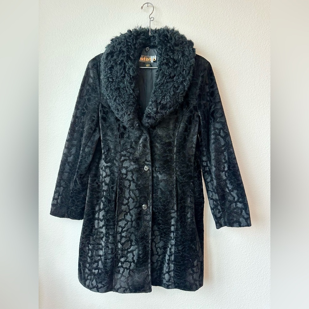 Vintage Y2K Static Black Faux Fur Removable Collar Long Button Coat Jacket M